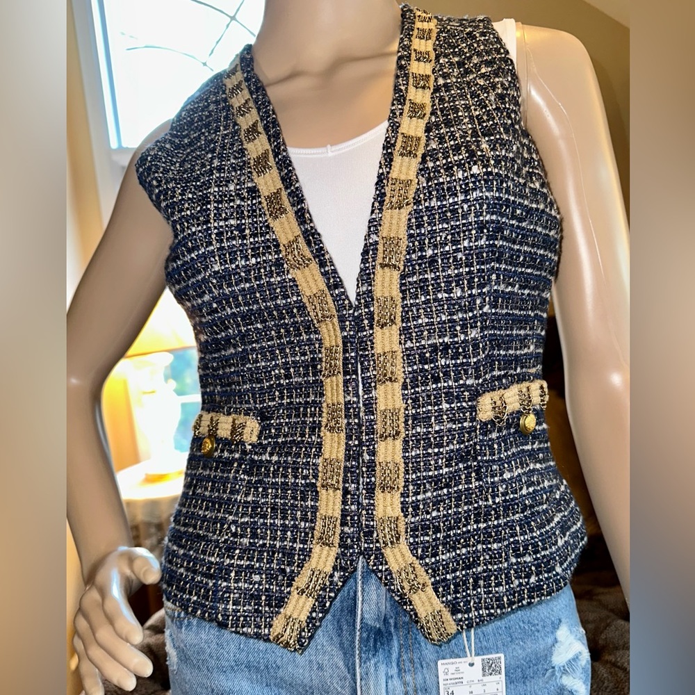 CACHE Tweed Navy Blue/Tan with gold Metallic accent Vest Sz 0 EUC
